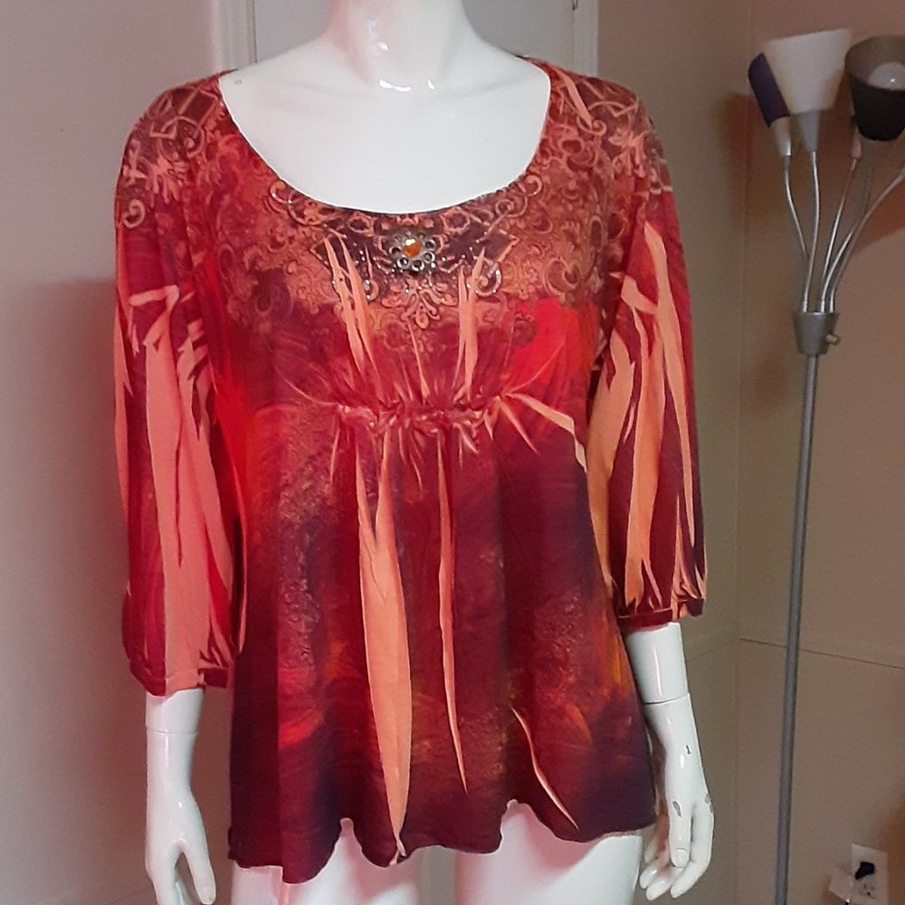 B.L.E.U. Red/Orange Blouse With Gems